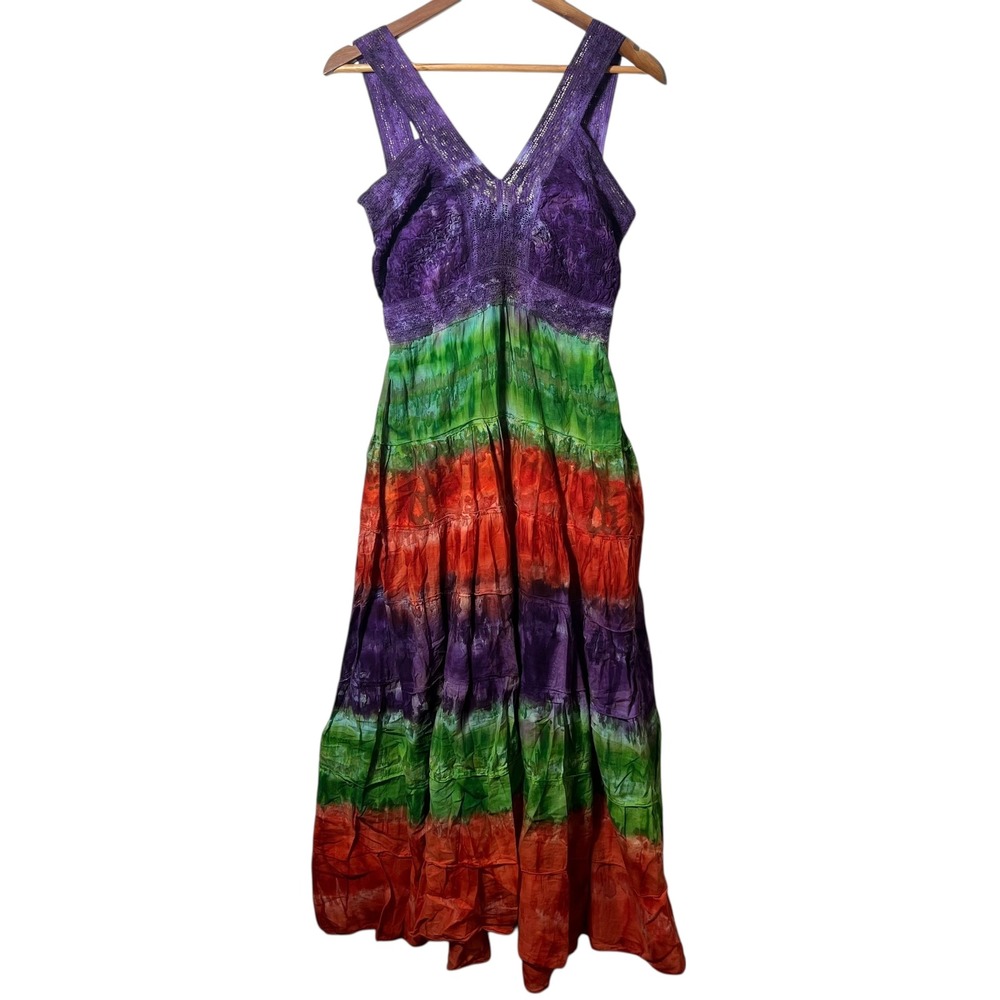 Kaaku Tie Dye Boho Maxi Dress S Festival Hippie‎ Cottagecore Rainbow